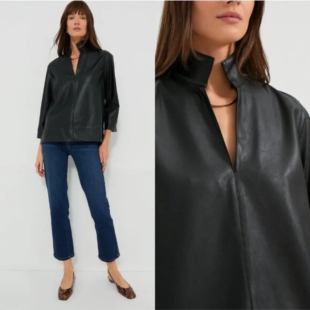 Tuckernuck NEW Black Faux Leather Chic Edgy Collared Margot Top Size S - Picture 2 of 13